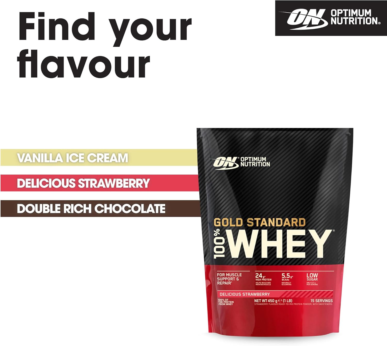 Optimum Nutrition Gold Standard 100% Whey protein package with flavor options on a white background.