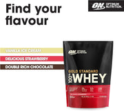 Optimum Nutrition Gold Standard 100% Whey protein package with flavor options on a white background.
