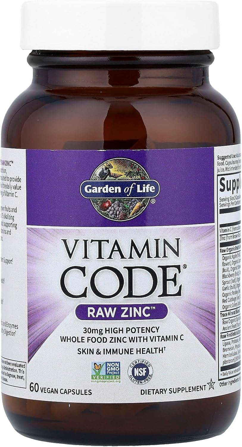 Garden of Life Vitamin Code Raw Zinc bottle, 30mg with Vitamin C, 60 vegan capsules.