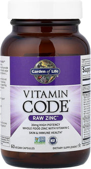 Garden of Life Vitamin Code Raw Zinc bottle, 30mg with Vitamin C, 60 vegan capsules.