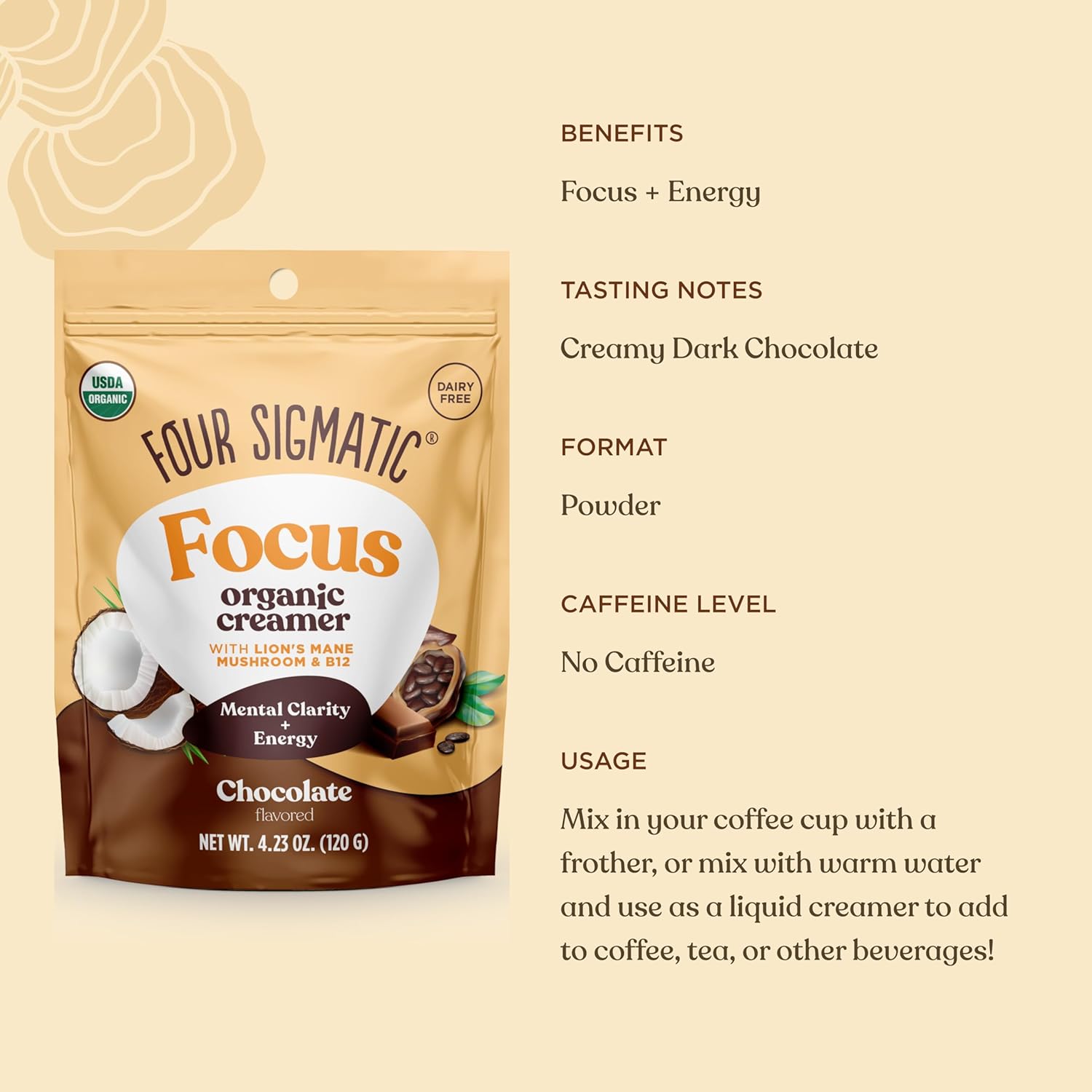 Four Sigmatic chocolate creamer showing nutrition facts, benefits and usage.
