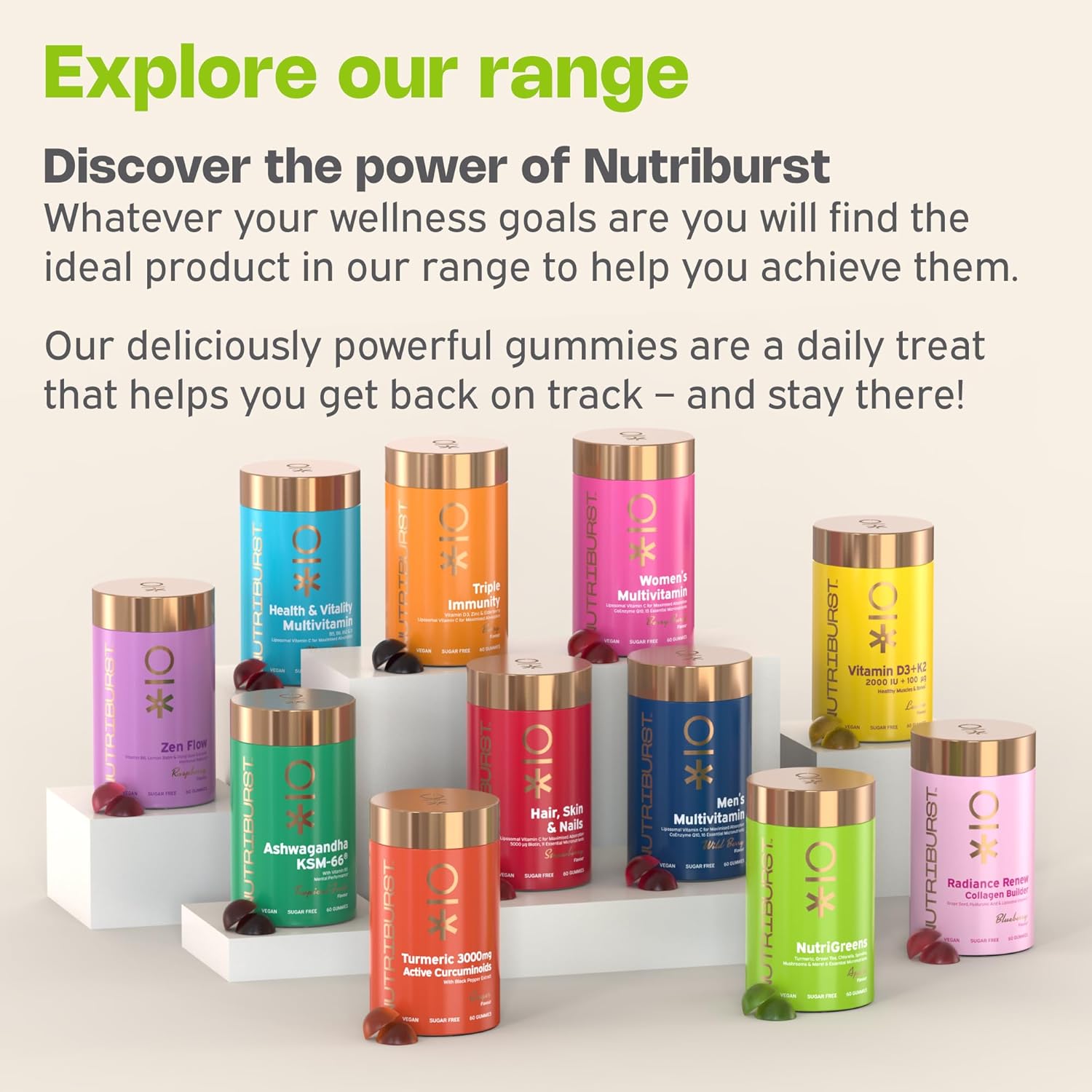 Nutriburst NutriGreens Gummies - 22 Fruit & Veg Blend with Vitamins - 60 Count variants.