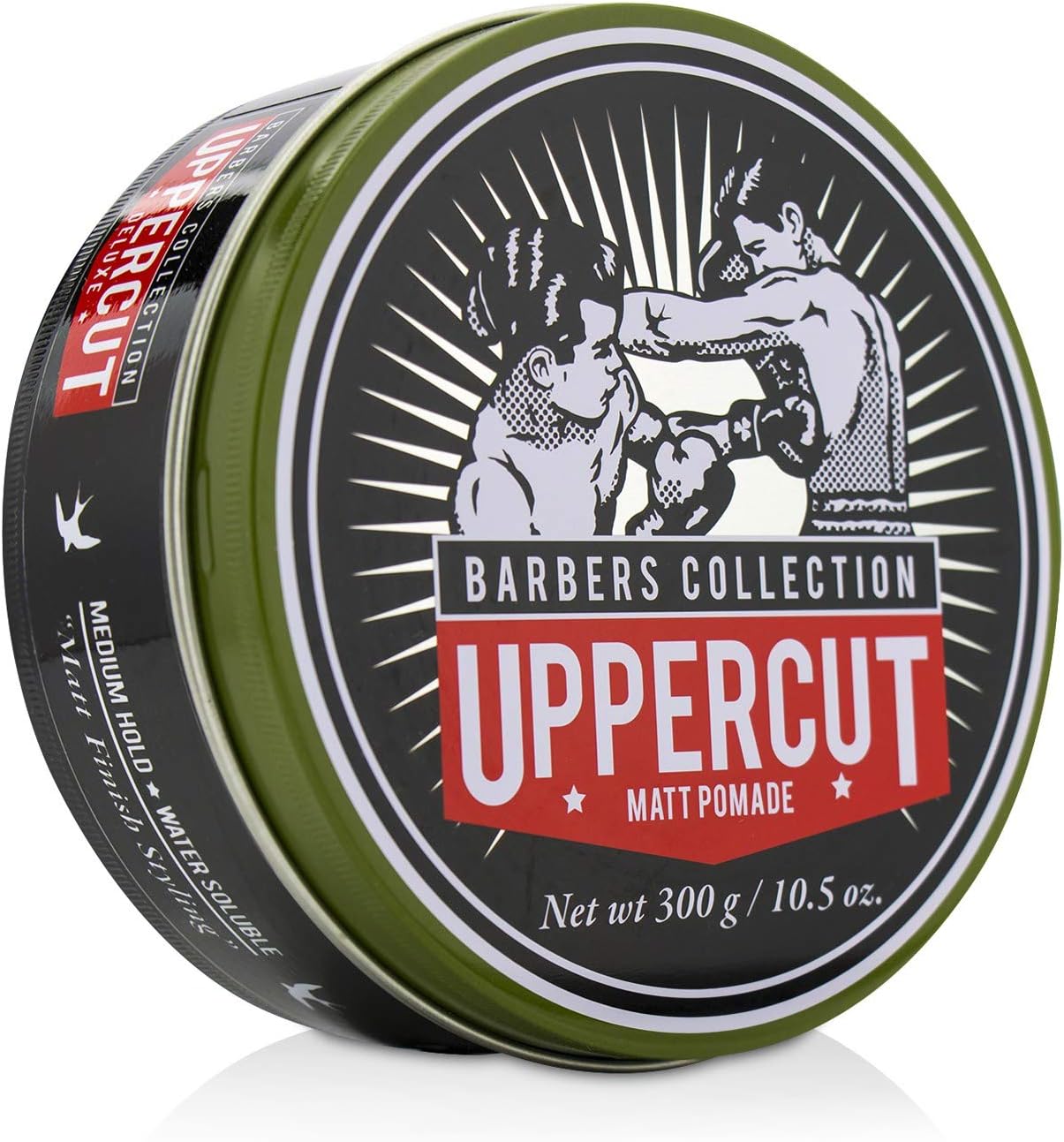 Side image: Uppercut Deluxe Matte Pomade 300g jar medium hold matte styling product packaging