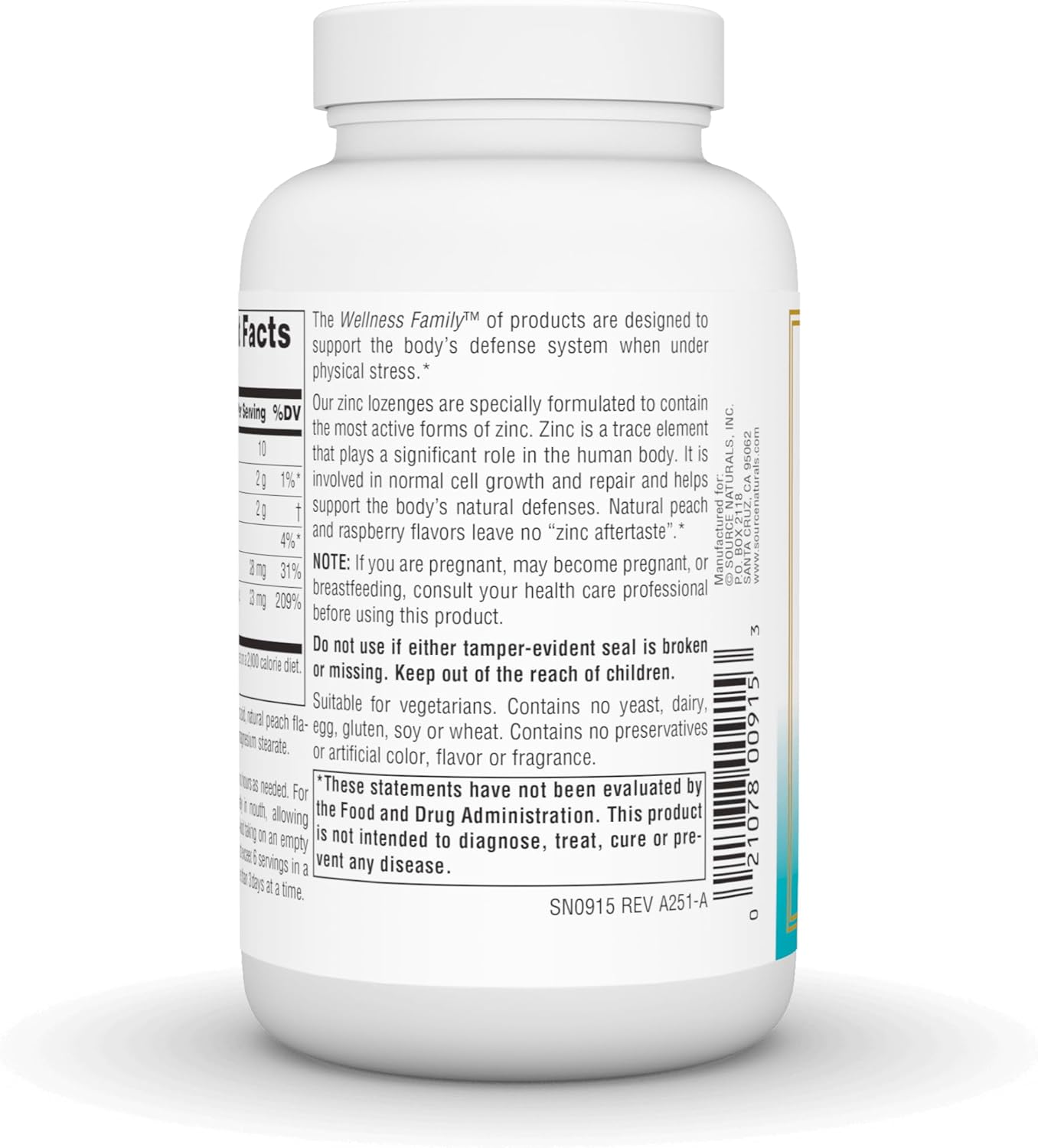 Barcode image: Source Naturals Wellness Zinc lozenges peach raspberry flavour bottle barcode 60 count