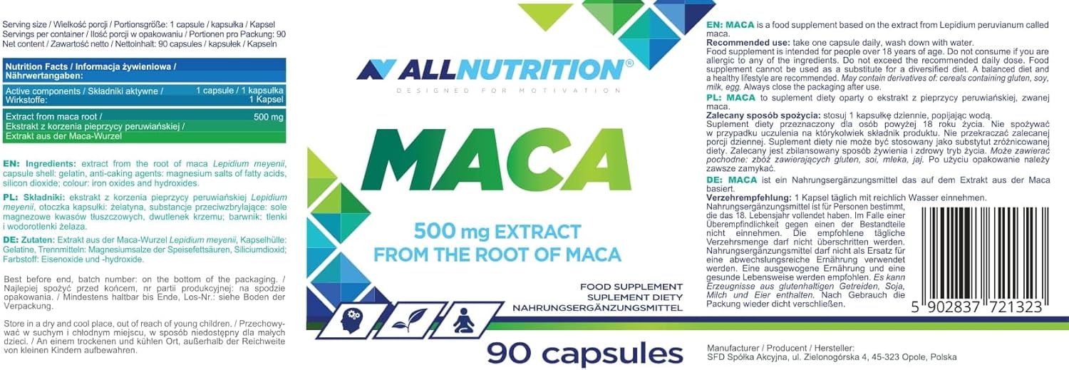 Allnutrition Maca 500mg Extract 90 capsules retail barcode packaging