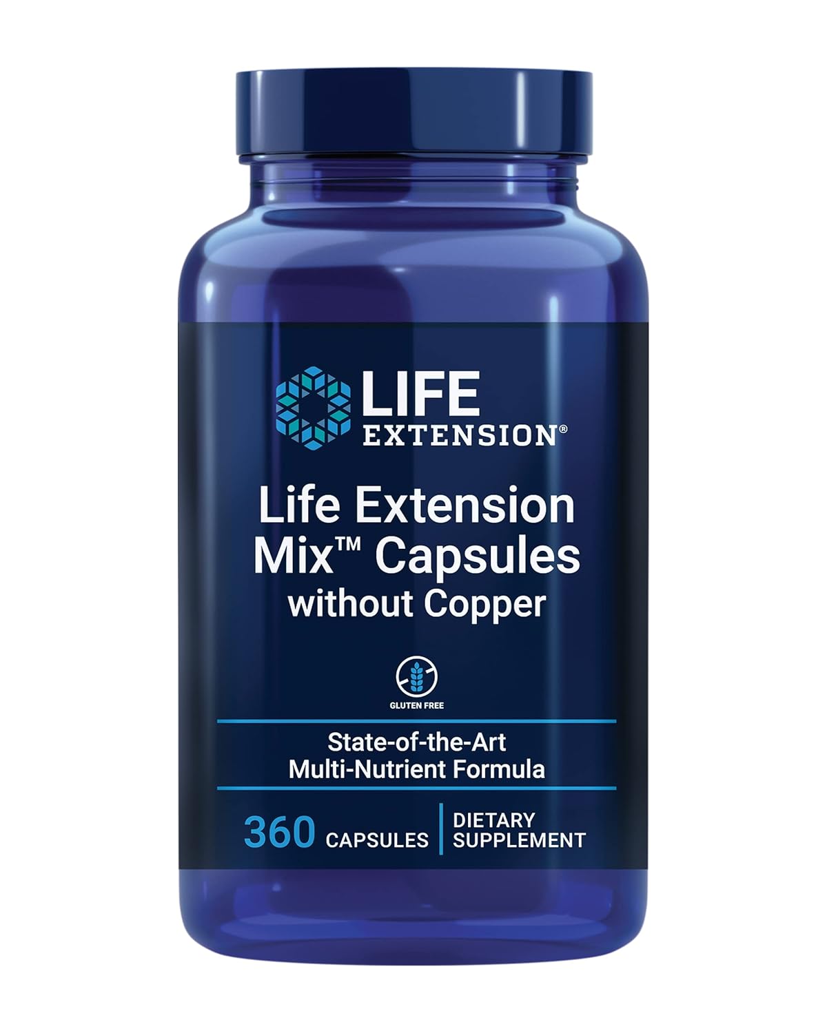 Front of Life Extension Mix Without Copper bottle, 360 capsules, on white background.