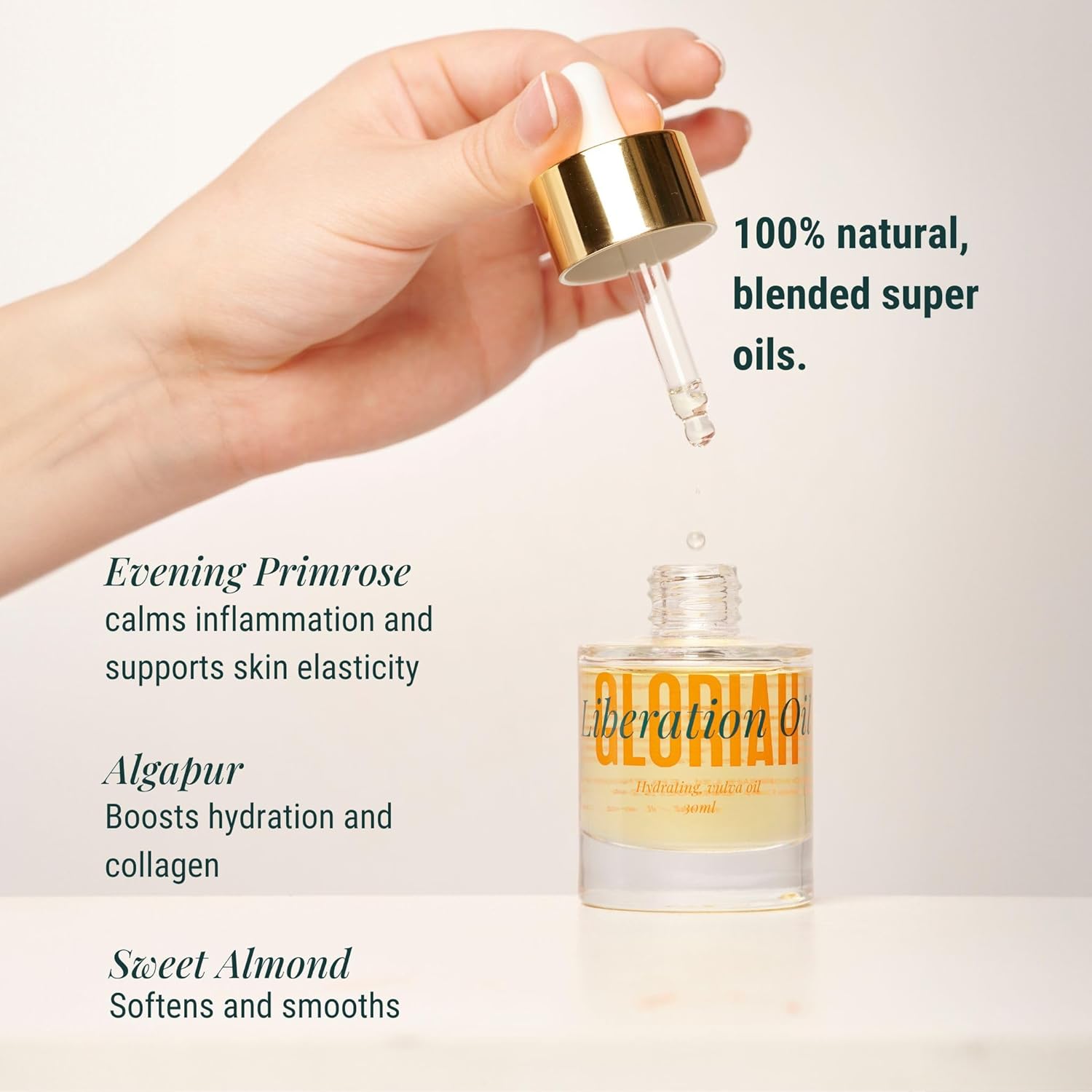 Hand holding a dropper over a bottle of Bioridian oil with product details on a light background