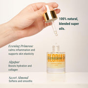 Hand holding a dropper over a bottle of Bioridian oil with product details on a light background