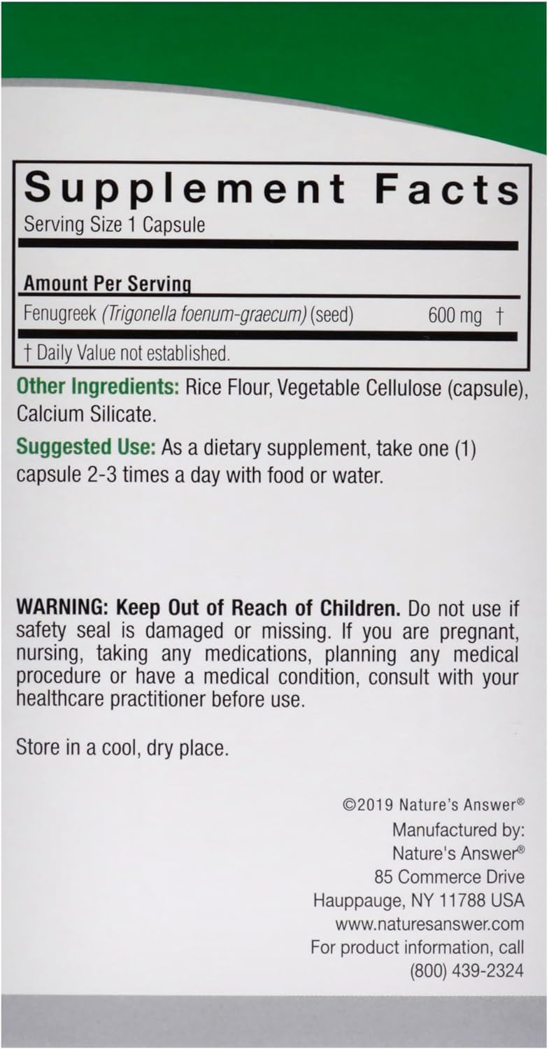 Nature’s Answer Fenugreek Seed supplement facts 90 vegetarian capsules back label