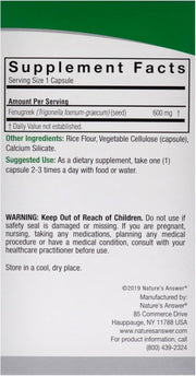 Nature’s Answer Fenugreek Seed supplement facts 90 vegetarian capsules back label