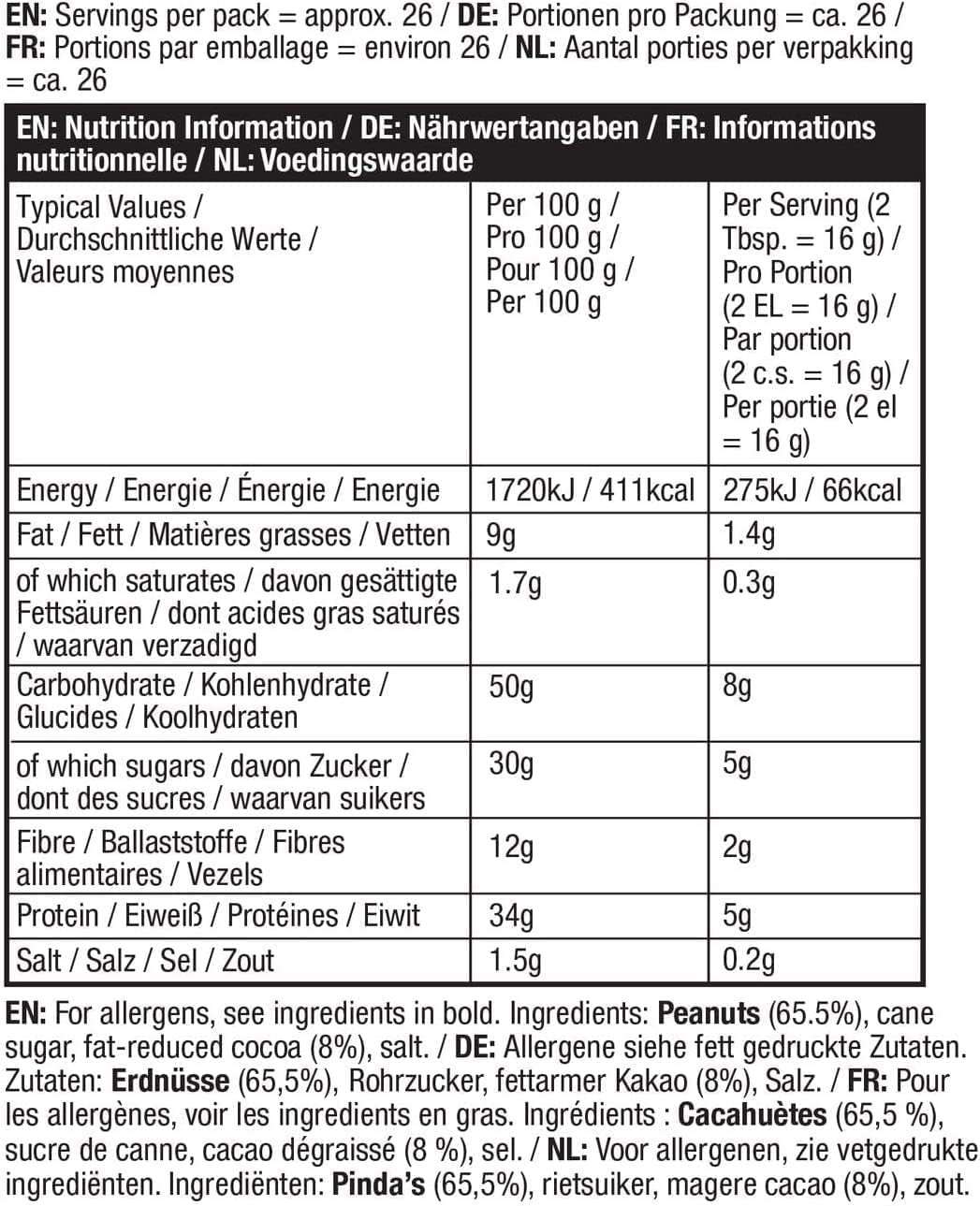 Supplement facts & ingredients image: PBfit Chocolate Peanut Butter Powder ingredients peanuts cocoa sugar