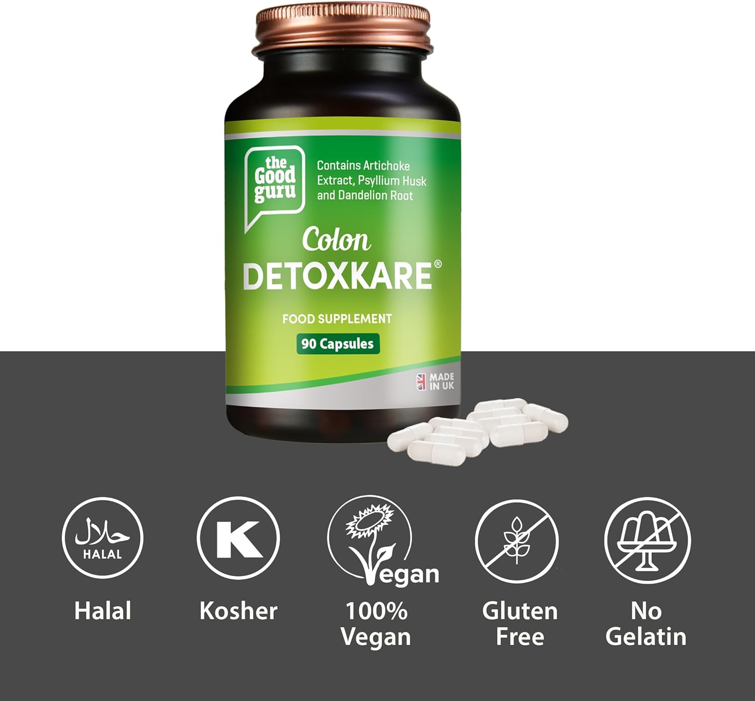 The Good Guru Digestive and Antioxidant Support Complex bottle, 90 capsules, on white background.