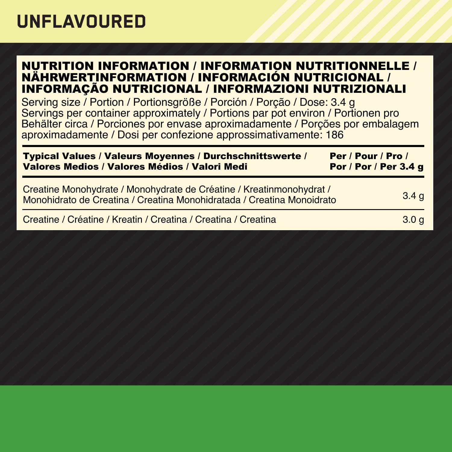 Nutrition information label for a product with 'Unflavoured' text at the top.