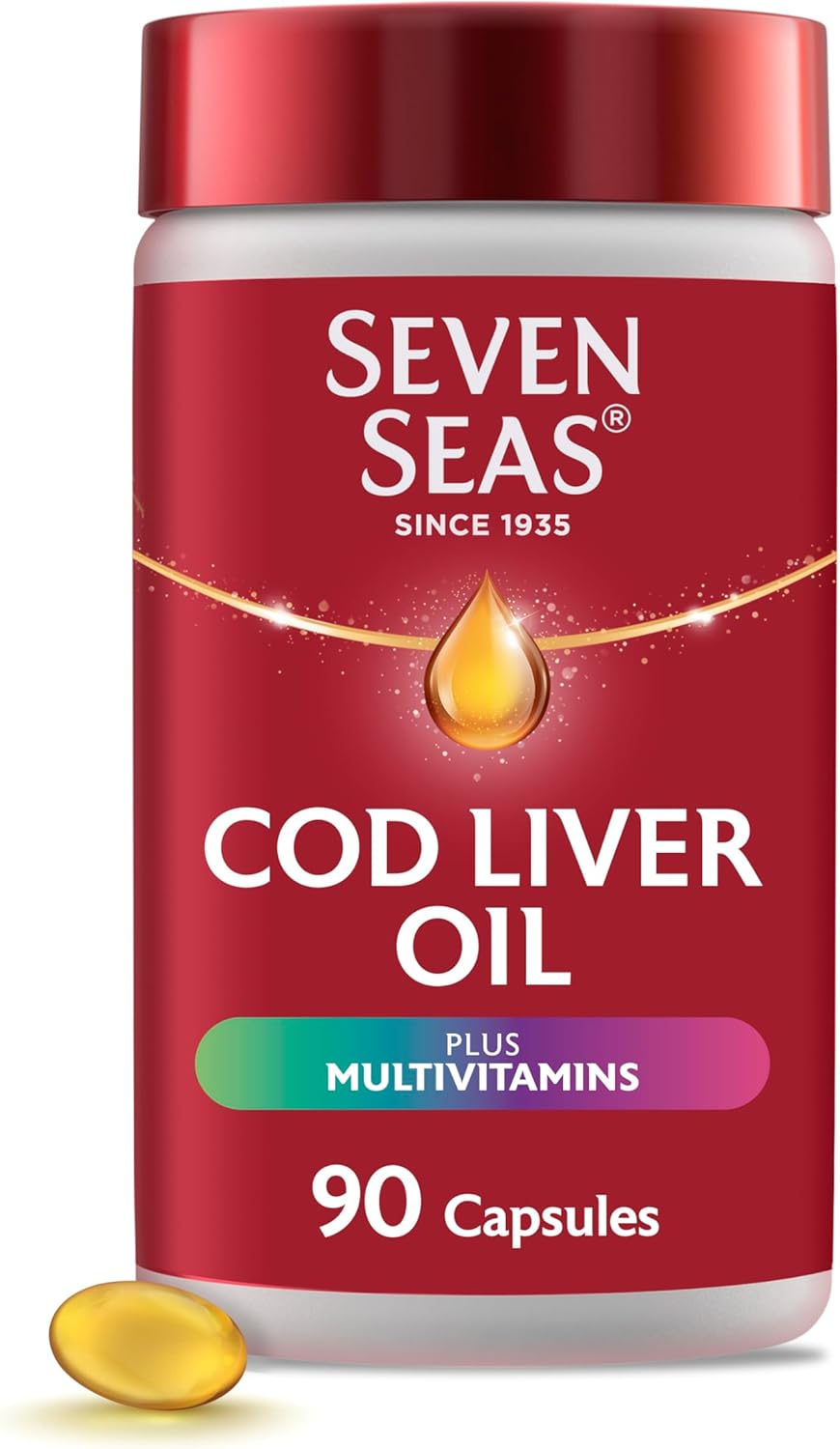 Seven Seas Cod Liver Oil Plus Multivitamins bottle, 90 capsules.