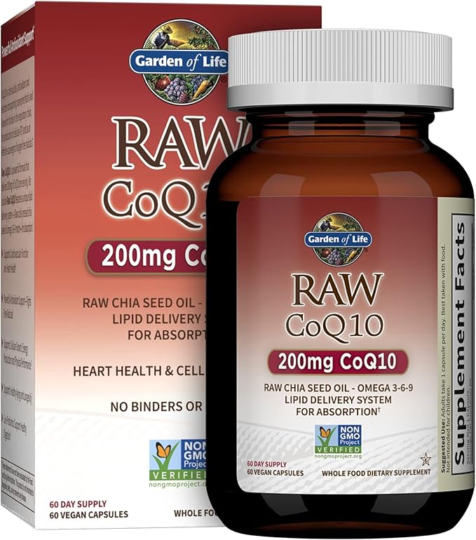 Front view of Garden of Life Raw CoQ10 200mg bottle & box with 60 vegan capsules.