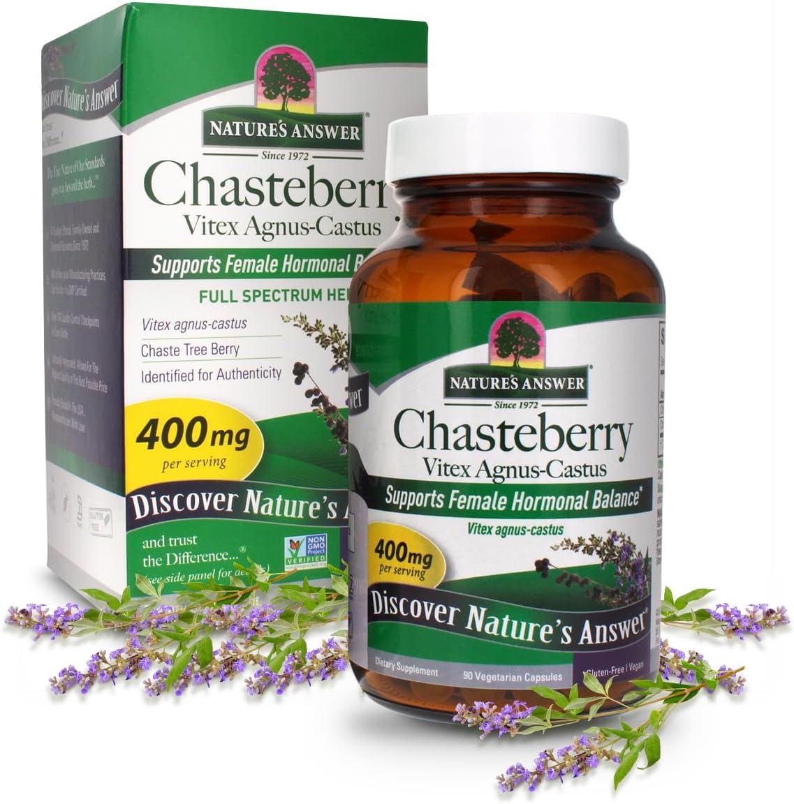 Nature’s Answer Chasteberry Vitex Agnus-Castus 400mg vegetarian capsules 90 count bottle & box front view on a white background