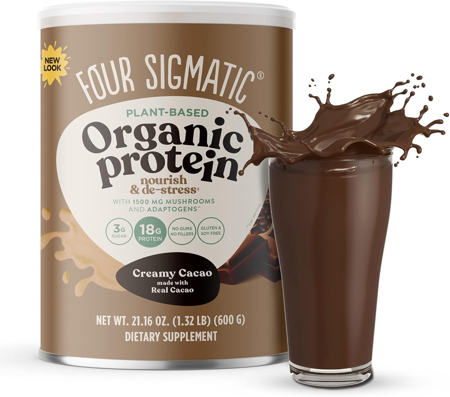 Four Sigmatic Plant-Based Organic Protein Powder Creamy Cacao 600g front packaging on white background