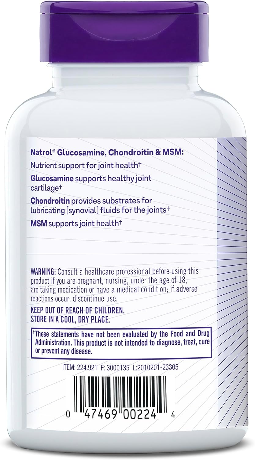 Supplement facts label and instructions  and barcode for Natrol Glucosamine Chondroitin MSM joint support tablets.