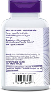Supplement facts label and instructions  and barcode for Natrol Glucosamine Chondroitin MSM joint support tablets.