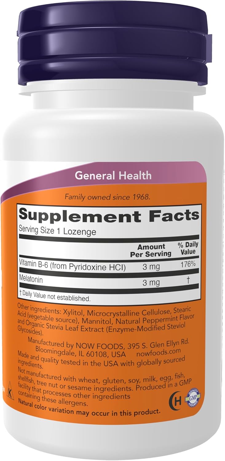 Ingredients and dosage for NOW Melatonin 3mg lozenges.