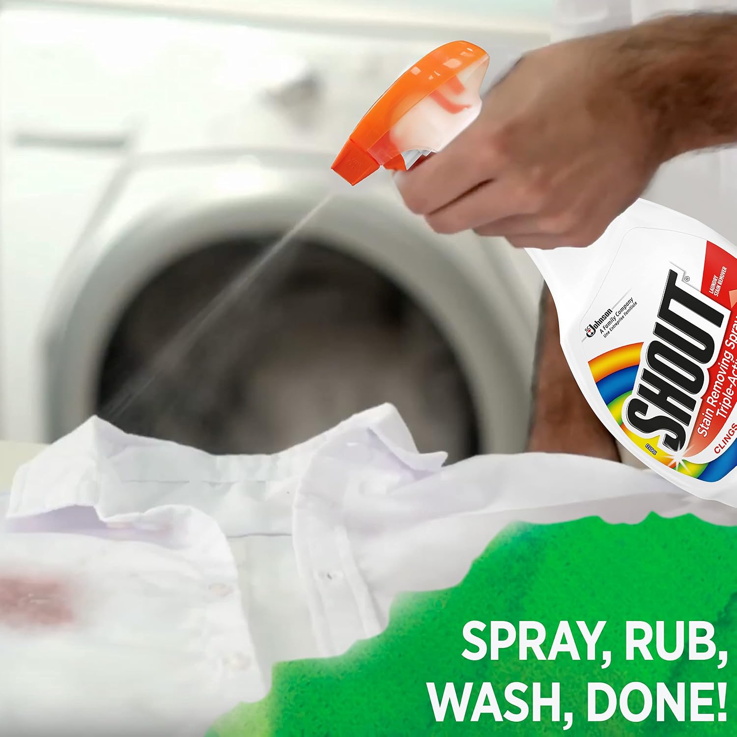 Shout Triple-Acting Stain Removing Spray 500ml application instructions on fabric before washing