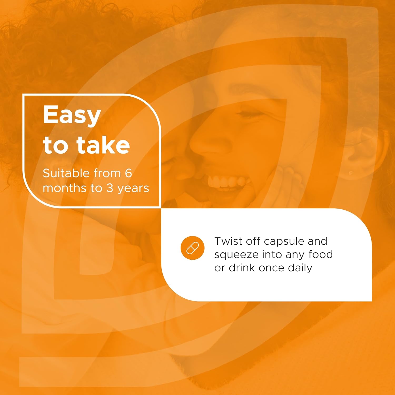 Orange background with text about a product suitable for children from 6 months to 3 years.