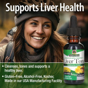 Woman wearing a helmet with a bottle of Nature's Answer Liver Tone supplement on a green background.