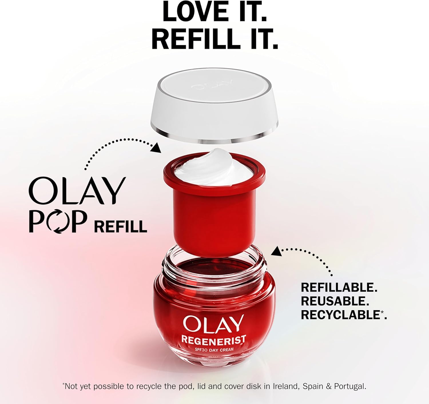 Olay Regenerist Day Cream SPF 30 in a refillable glass jar, 50ml.