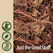 Close-up of dried herbs with 'Just the Good Stuff' branding and certification logos on a beige background.