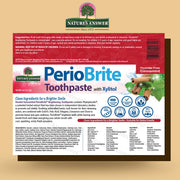Nature's Answer PerioBrite Toothpaste packaging with red and white design on a beige background