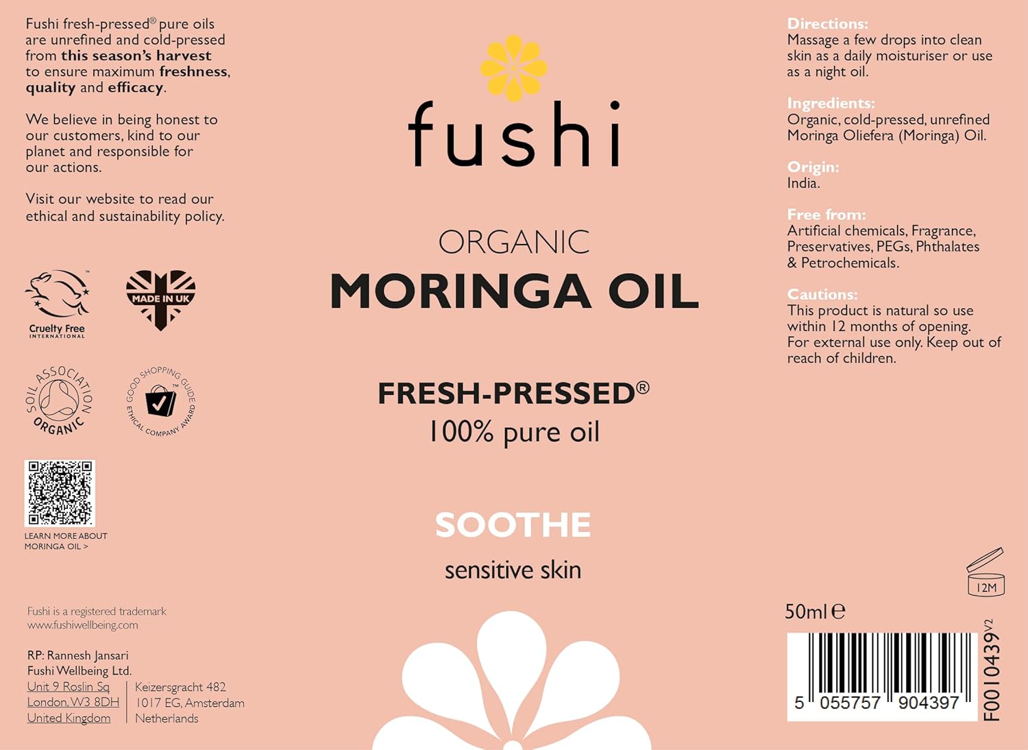 Fushi Organic Moringa Oil label on a pink background