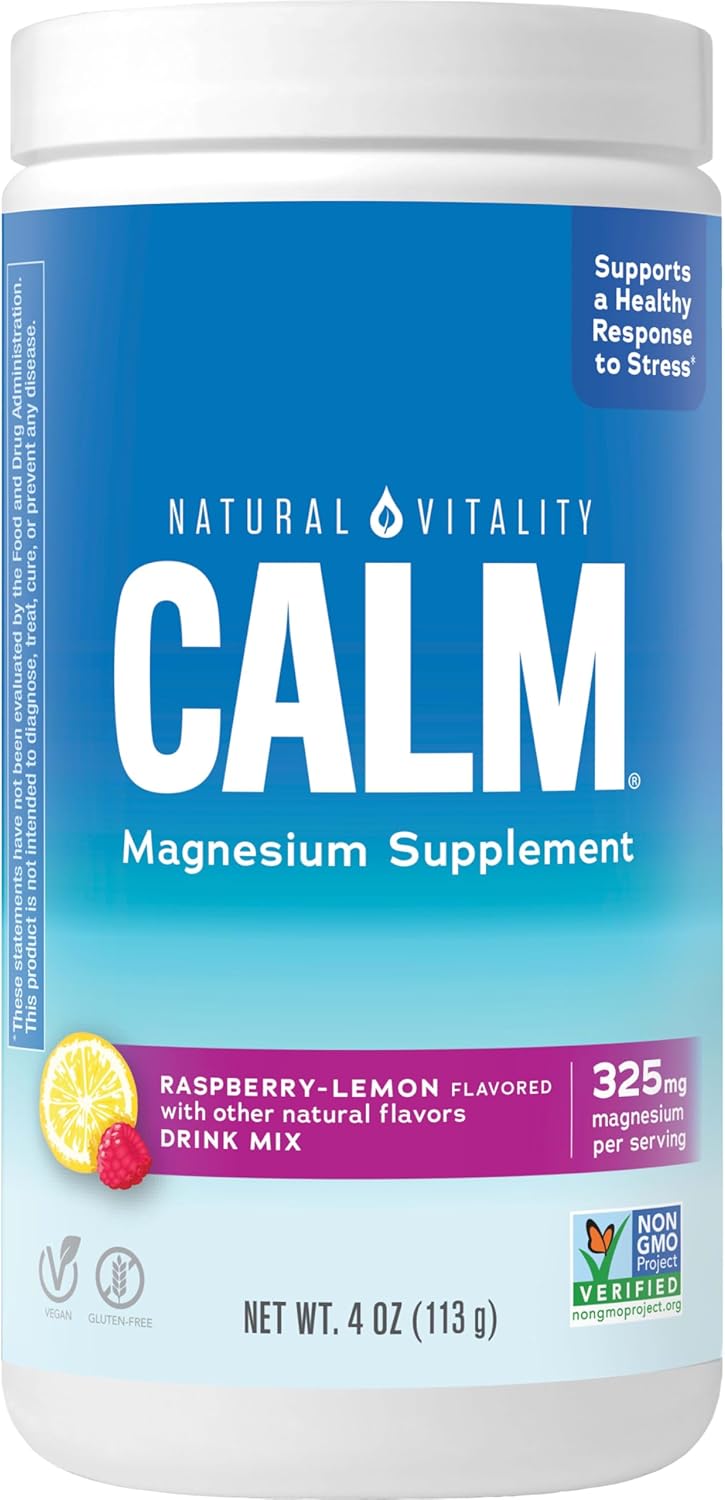 Natural Vitality Magnesium Drink Mix canister, raspberry lemon, 113g.