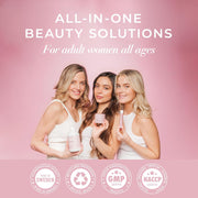Three women holding beauty products with 'All-in-One Beauty Solutions' text on a pink background