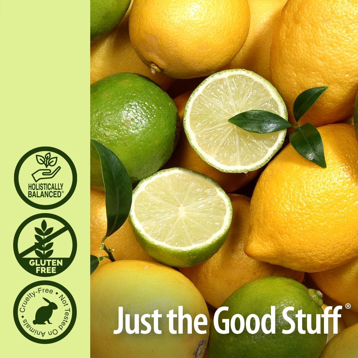 Lemons and limes with 'Just the Good Stuff' branding and certification logos on a green background.
