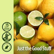 Lemons and limes with 'Just the Good Stuff' branding and certification logos on a green background.