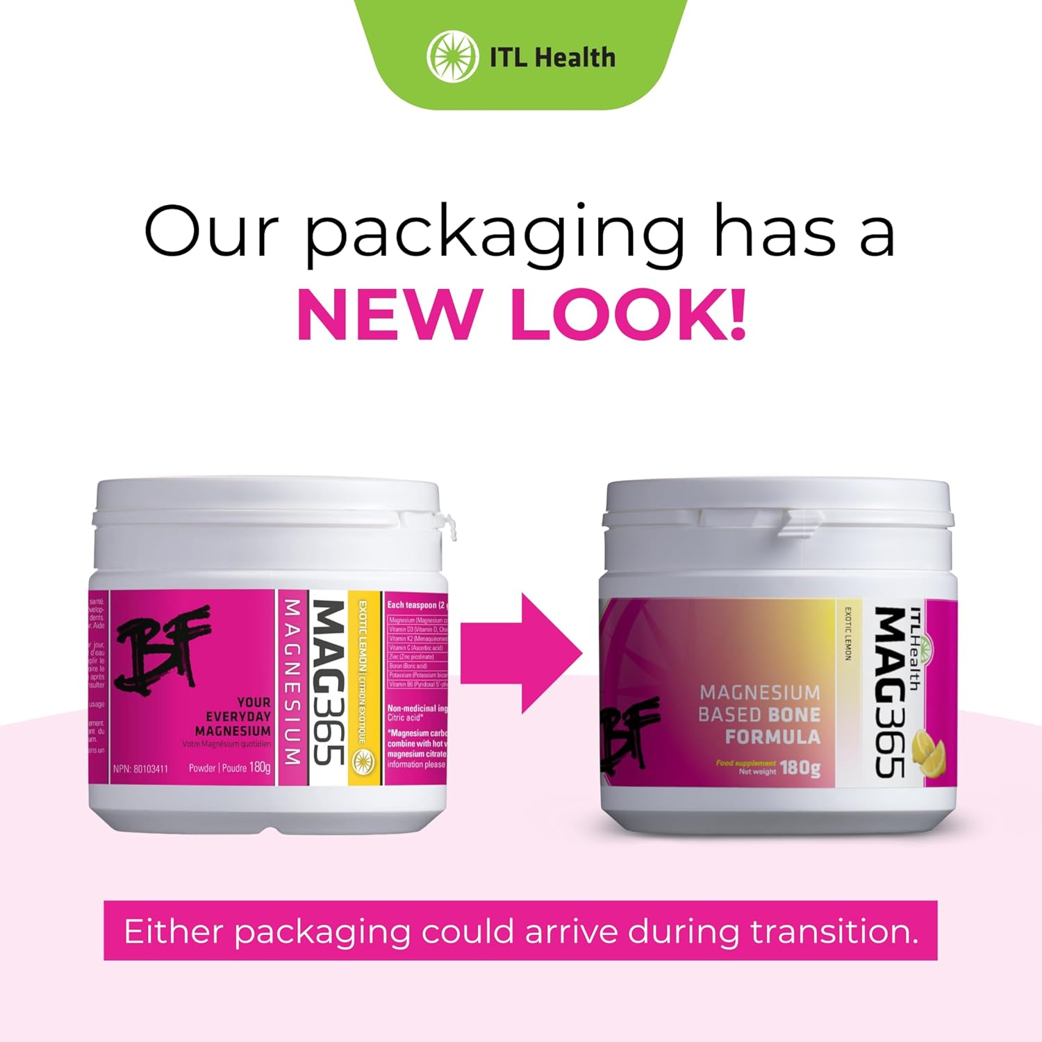 MAG365 BF Magnesium Mineral Powder, Exotic Lemon - 180g. Old & new packaging.