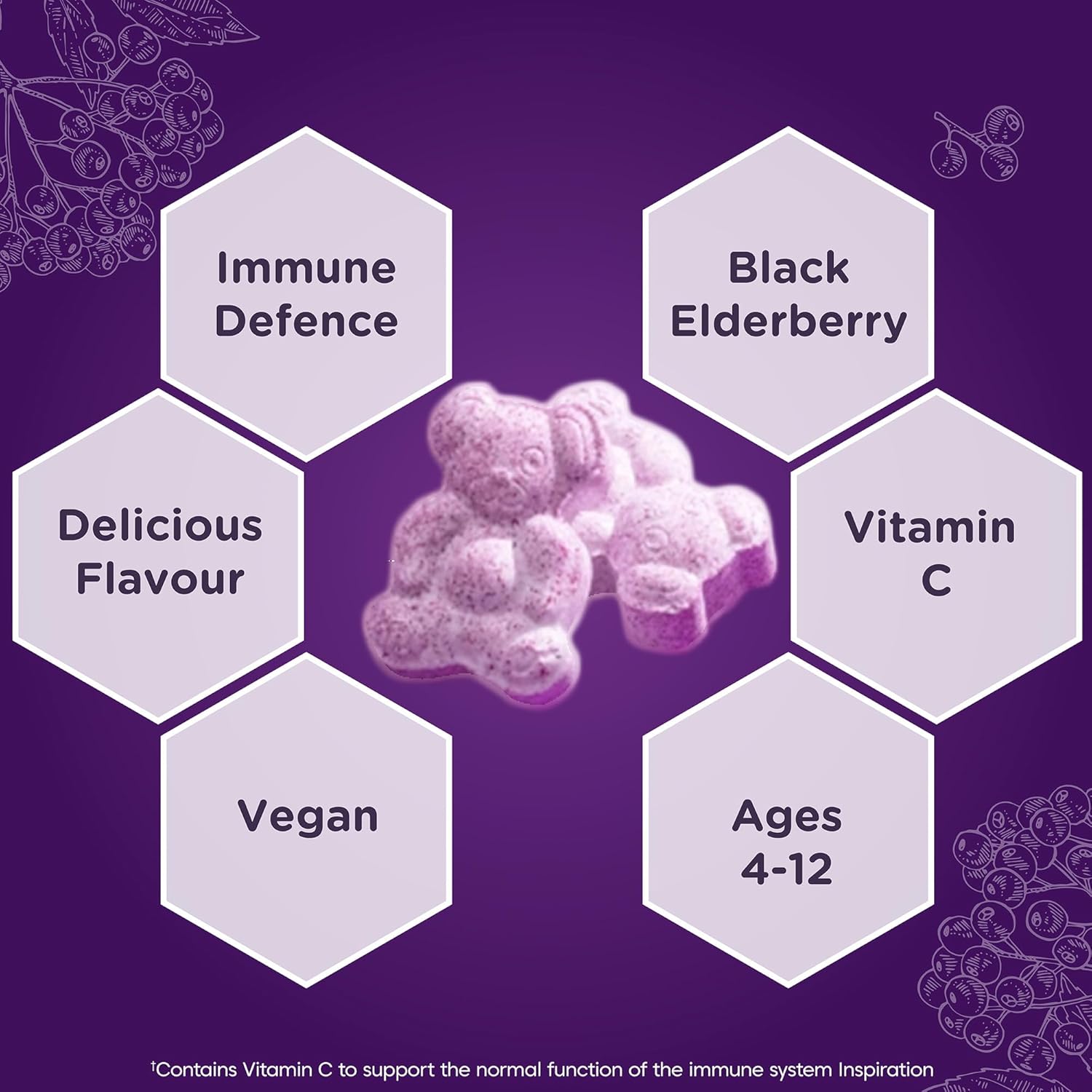 Purple gummy bears with text highlighting immune defense, black elderberry, vitamin C, delicious flavor, vegan, and age range on a purple background.