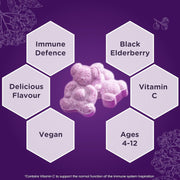 Purple gummy bears with text highlighting immune defense, black elderberry, vitamin C, delicious flavor, vegan, and age range on a purple background.