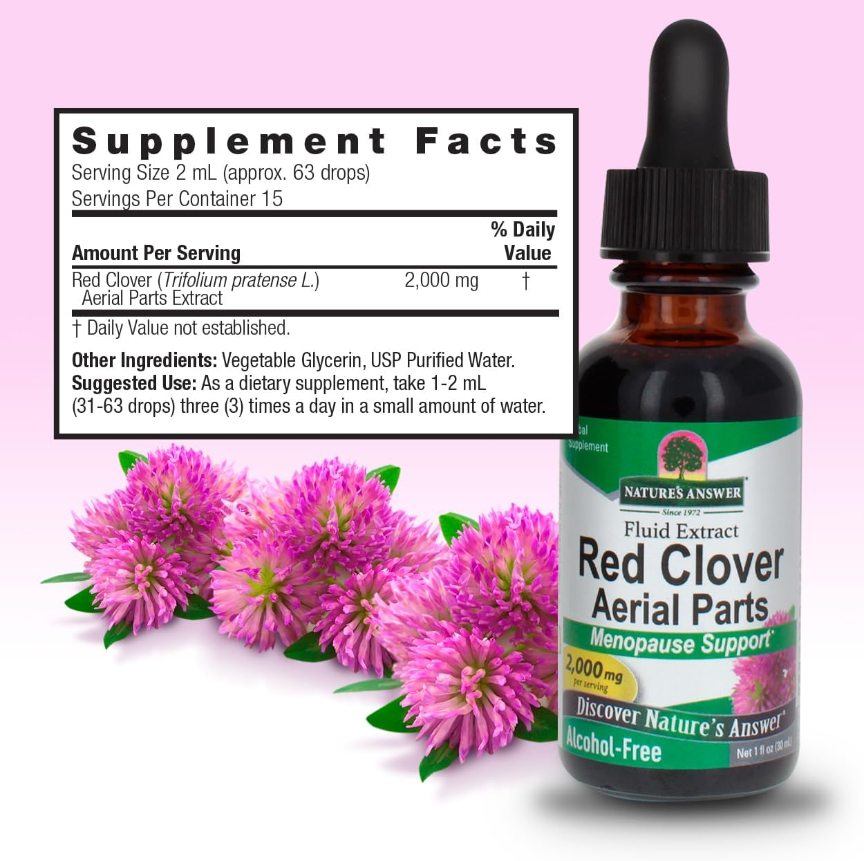 Red clover extract bottle with flowers and supplement facts on a pink background