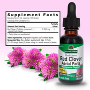Red clover extract bottle with flowers and supplement facts on a pink background