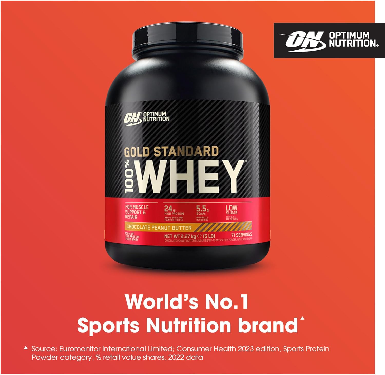 Optimum Nutrition Gold Standard 100% Whey protein powder container on a red background