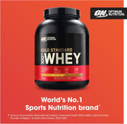 Optimum Nutrition Gold Standard 100% Whey protein powder container on a red background