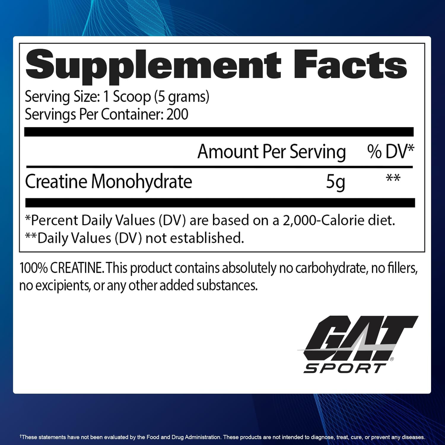 Supplement facts label for a creatine monohydrate product with GAT Sport branding on a blue background.