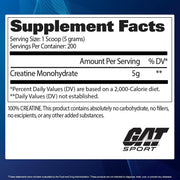 Supplement facts label for a creatine monohydrate product with GAT Sport branding on a blue background.