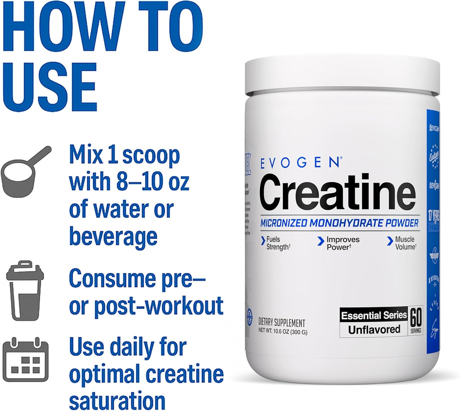 Evogen Creatine Monohydrate Powder 300g mixing scoop in water
