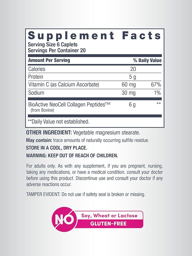 upplement facts label for NeoCell 120-count collagen tablets.