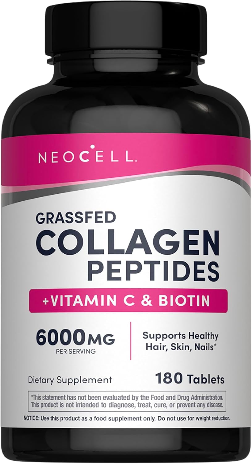 NeoCell Grass Fed Collagen Peptides bottle with Vitamin C and Biotin 180 tablets on white background.