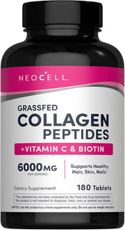NeoCell Grass Fed Collagen Peptides bottle with Vitamin C and Biotin 180 tablets on white background.