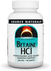Front image: Source Naturals Betaine HCL 650mg with pepsin tablets bottle 90 count