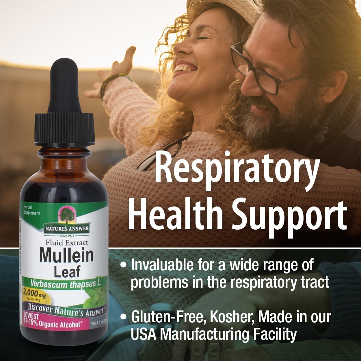 Bottle of Mullein Leaf extract with a couple embracing in the background, labeled for respiratory health support.